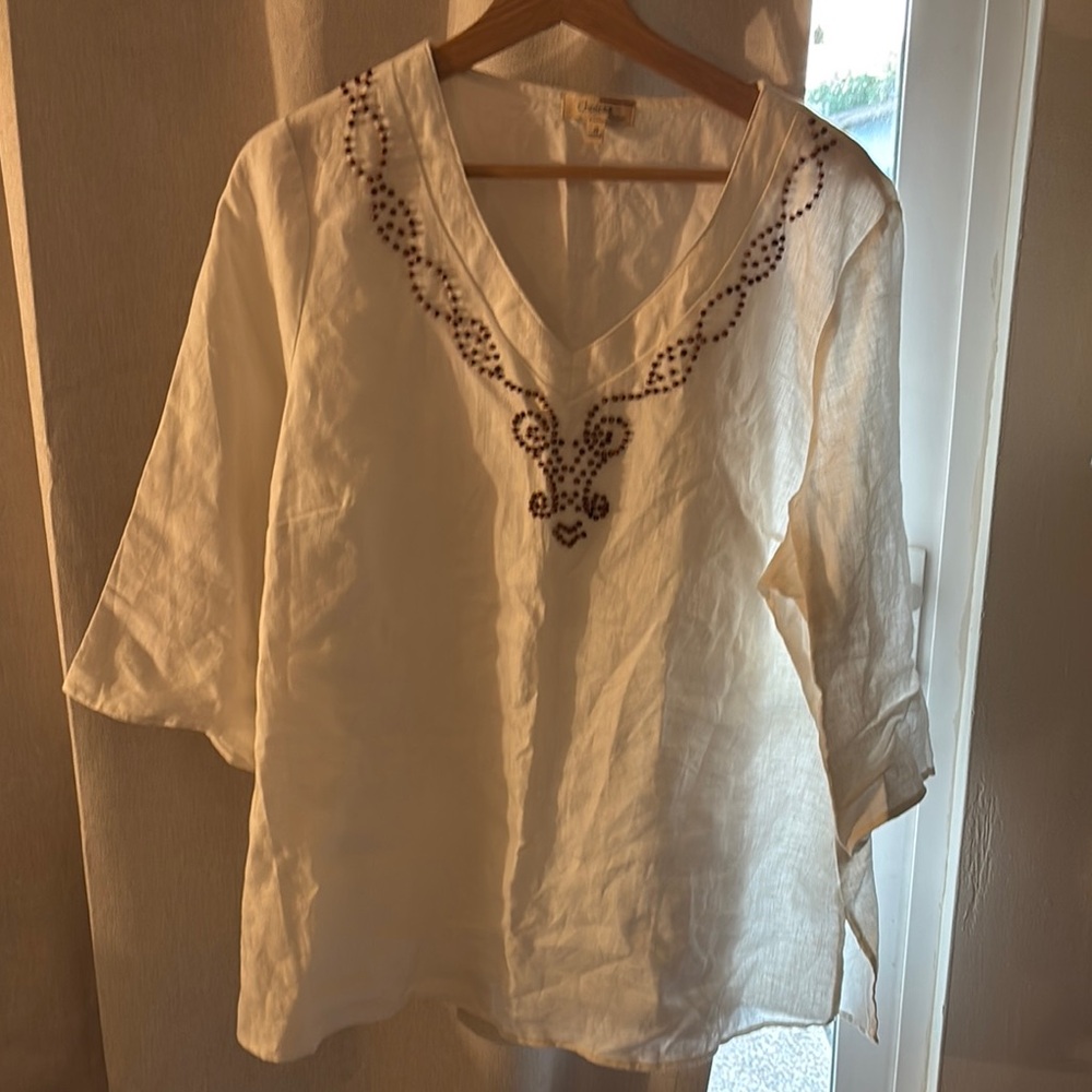 Choices 100% White Linen V-Neck Tunic Sz. L Beaded